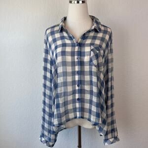 Free People Semi Sheer Gingham Button Up Top size Large Blue Cottagecore